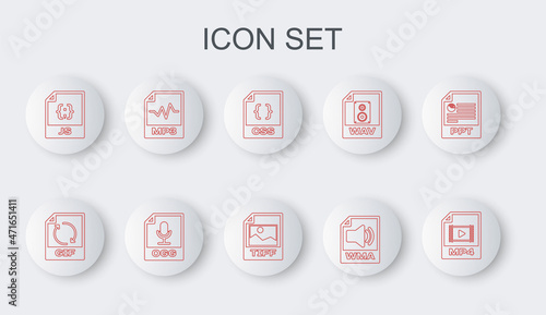 Set line MP4 file document, GIF, CSS, WMA, JS, MP3, OGG and TIFF icon. Vector
