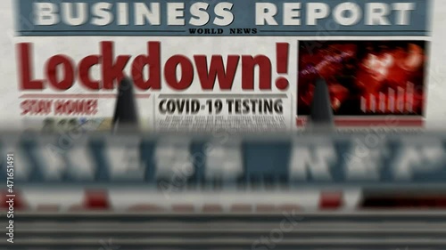 Lockdown COVID-19, closed economy and business crisis in coronavirus pandemic daily newspaper report printing. Abstract concept retro 3d rendering seamless looped animation.