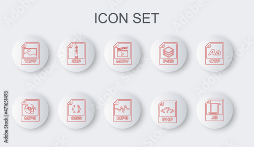 Set line JS file document, MP3, MOV, PHP, TIFF, ZIP, CSS and icon. Vector