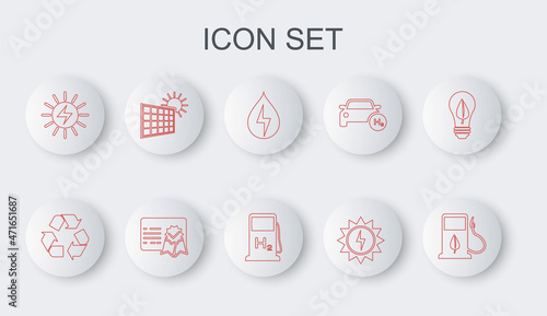 Set line Bio fuel with fueling nozzle, Recycle symbol, Water energy, Solar panel, and sun, Certificate template and Hydrogen filling station icon. Vector