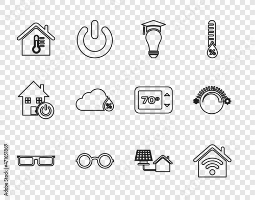 Set line Glasses, Smart home with wi-fi, Light bulb and graduation cap, House temperature, Humidity, solar panel and Thermostat icon. Vector