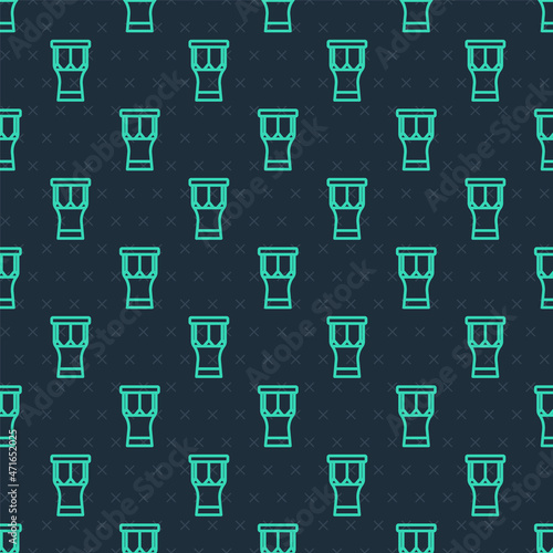 Green line African percussion drum icon isolated seamless pattern on blue background. Musical instrument. Vector