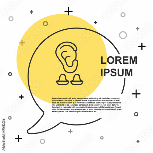 Black line Earplugs and ear icon isolated on white background. Ear plug sign. Noise symbol. Sleeping quality concept. Random dynamic shapes. Vector