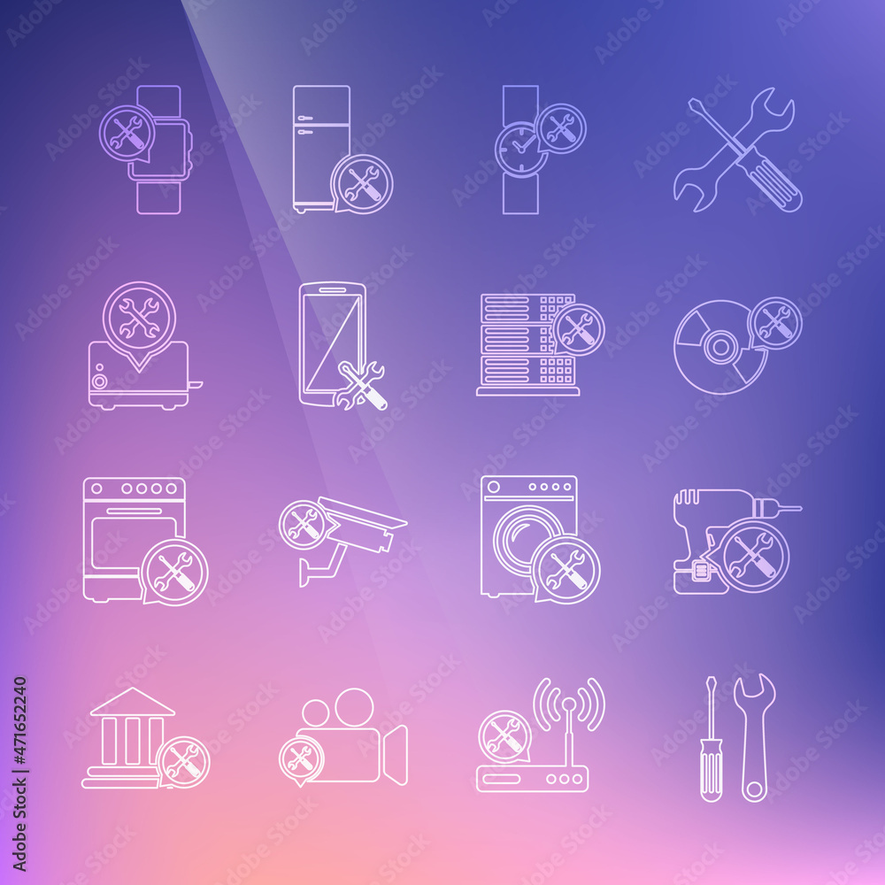 Set line Screwdriver and wrench, Drill machine service, CD or DVD disk, Wrist watch, Smartphone, Toaster, Smartwatch and Database server icon. Vector Set line Screwdriver and wrench, Drill machine service, CD or DVD disk, Wrist watch, Smartphone, Toaster, Smartwatch and Database server icon. Vector