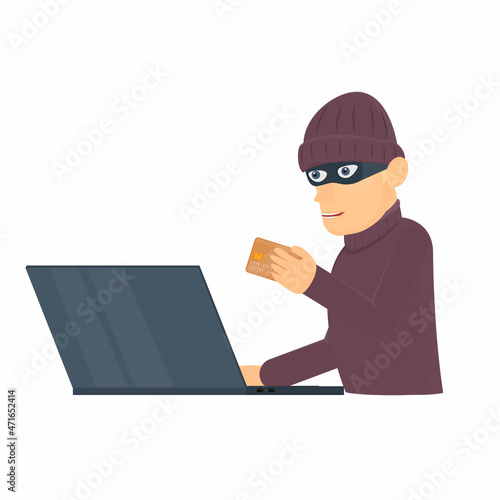 Internet fraudster. A thief at a computer steals money from a bank card, vector illustration