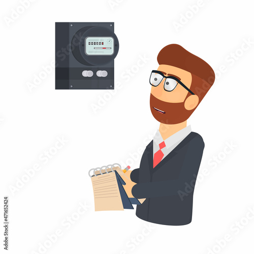 Inspector. Inspection of electric meter readings, vector illustration