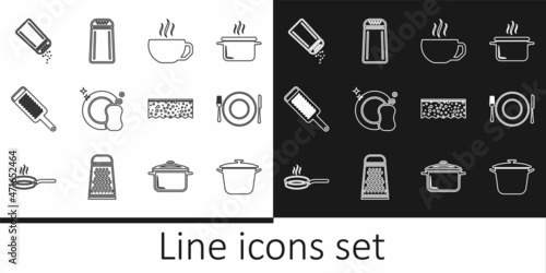 Set line Cooking pot, Plate, fork and knife, Coffee cup, Washing dishes, Grater, Salt pepper, Sponge with bubbles and icon. Vector