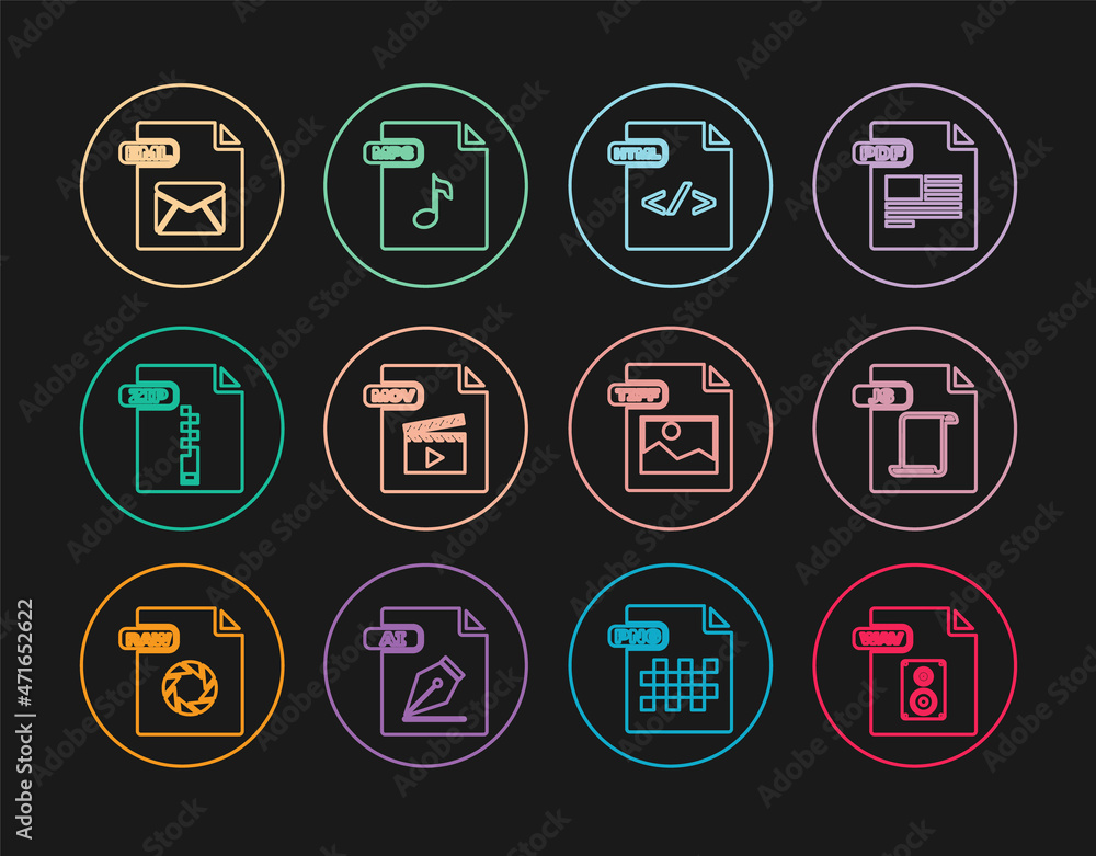 Set line WAV file document, JS, HTML, MOV, ZIP, EML, TIFF and MP3 icon. Vector Set line WAV file document, JS, HTML, MOV, ZIP, EML, TIFF and MP3 icon. Vector