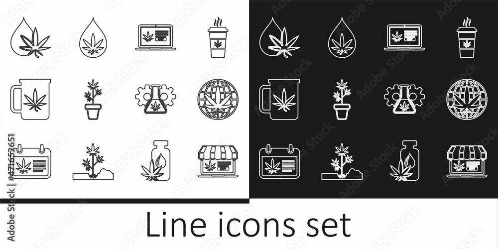 Set line Online buying marijuana, Legalize, Marijuana plant pot, Cup tea with, or cannabis leaf oil, Test tube and icon. Vector