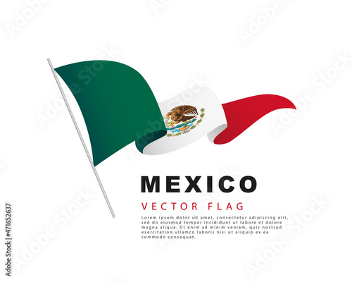The flag of Mexico hangs from a flagpole and flutters in the wind. Vector illustration isolated on white background.