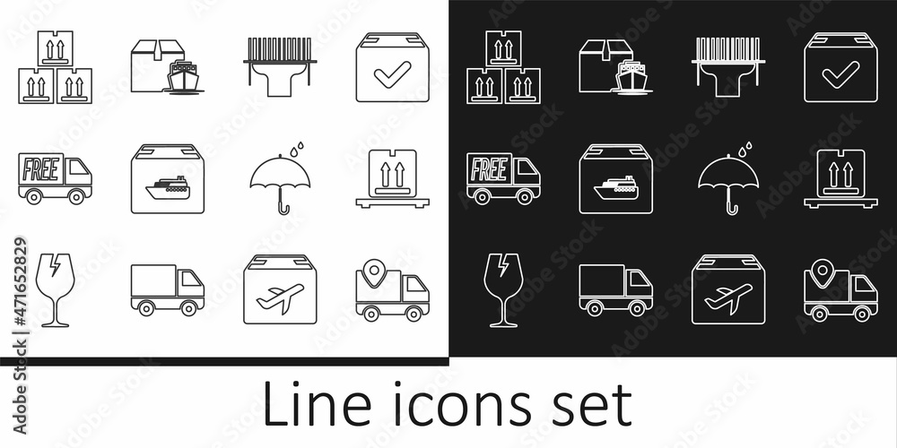 Set line Delivery tracking, Cardboard boxes on pallet, Scanner scanning bar code, Cargo ship with, Free delivery service, traffic, Umbrella and rain drops and icon. Vector
