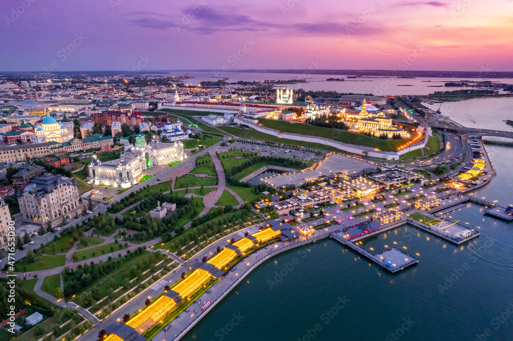 Fototapeta premium Panoramic aerial top view of Kazan Kremlin Kul Sharif mosque Kazanka river embankment sunset, Tatarstan Russia