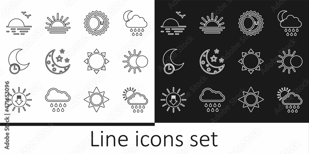 Set line Cloud with rain and sun, Eclipse of the, Moon stars, Sleeping moon, Sunset, and icon. Vector