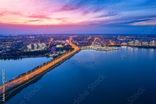Aerial top view of city Kazan Kazanka river embankment sunset  Tatarstan Russia