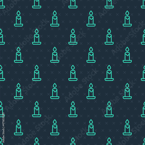 Green line Burning candle in candlestick icon isolated seamless pattern on blue background. Cylindrical candle stick with burning flame. Vector