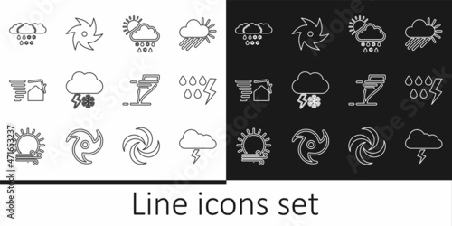 Set line Storm, Cloud with snow, rain, sun, and lightning, Tornado swirl, and icon. Vector
