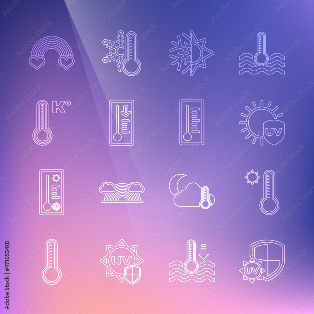 Set line UV protection, Meteorology thermometer, Sun and snowflake, Rainbow with heart and icon. Vector Set line UV protection, Meteorology thermometer, Sun and snowflake, Rainbow with heart and icon. Vector