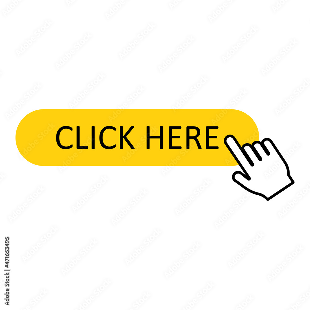 Click here button in flat style on white background. Click here vector web button. Clicking finger. Click here button in flat style on white background. Click here vector web button. Clicking finger.