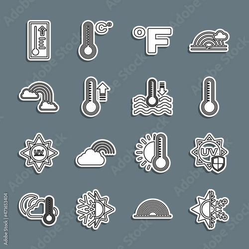 Set line Sun and snowflake, UV protection, Meteorology thermometer, Fahrenheit, Rainbow with clouds, and Water icon. Vector