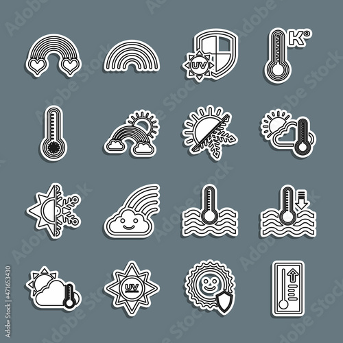 Set line Meteorology thermometer, Water, Thermometer and cloud, sun, UV protection, Rainbow with clouds, heart and Sun snowflake icon. Vector