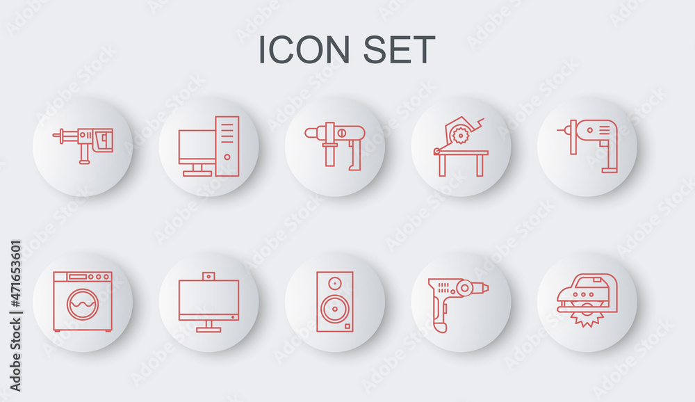 Set line Electric circular saw, Washer, drill machine, Rotary hammer, Computer monitor, and Stereo speaker icon. Vector Set line Electric circular saw, Washer, drill machine, Rotary hammer, Computer monitor, and Stereo speaker icon. Vector