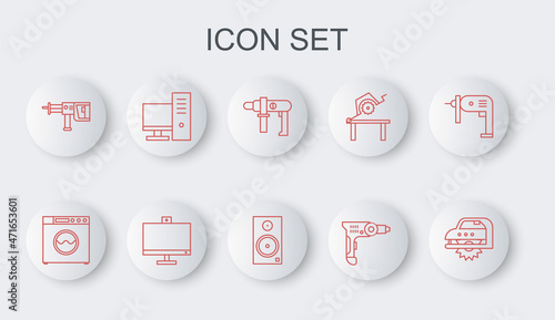 Set line Electric circular saw, Washer, drill machine, Rotary hammer, Computer monitor, and Stereo speaker icon. Vector