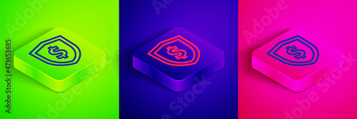 Isometric line Shield with dollar symbol icon isolated on green, blue and pink background. Security shield protection. Money security concept. Square button. Vector