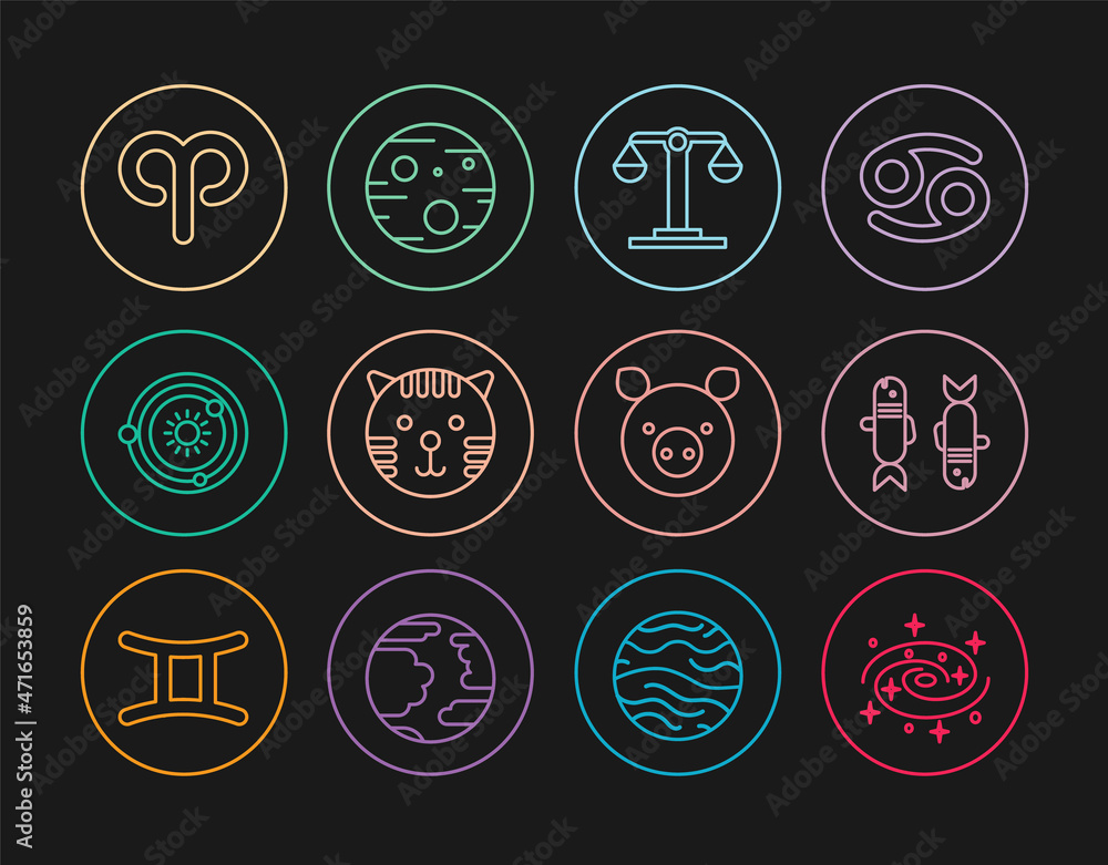 Set line Milky way spiral galaxy, Pisces zodiac, Libra, Tiger, Solar system, Aries, Pig and Planet Mars icon. Vector Set line Milky way spiral galaxy, Pisces zodiac, Libra, Tiger, Solar system, Aries, Pig and Planet Mars icon. Vector