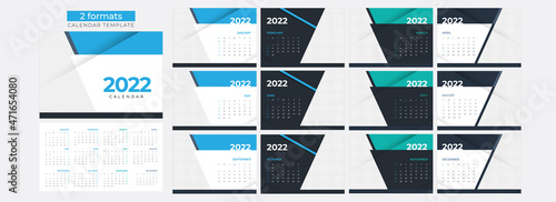 Two Formats Complete Set Of 12 Months, Corporate Desk Planner Layout For 2022 Year With Copy Space.