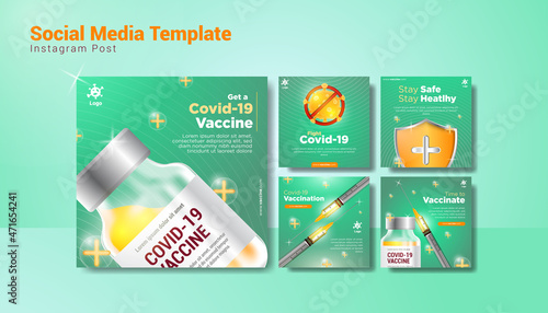 Covid-19 Vaccination Social Media Stories Template with Syringe, Vaccine, Shield & Green Background