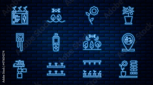 Set line Flower status, Tractor and location, Portable sensor, Temperature humidity, Smart farming technology, with drone and icon. Vector