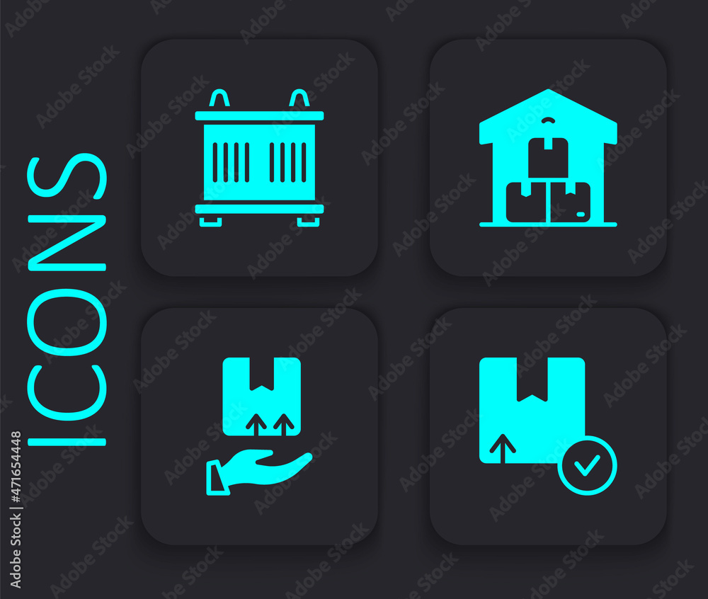Set Carton cardboard box, Container, Full warehouse and Delivery hand with icon. Black square button. Vector Set Carton cardboard box, Container, Full warehouse and Delivery hand with icon. Black square button. Vector