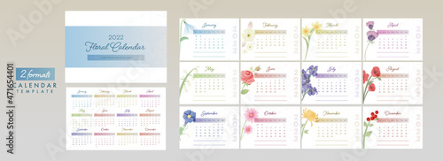 2 Formats Complete Set Of 12 Month For 2022 Floral Desk Calendar Design.