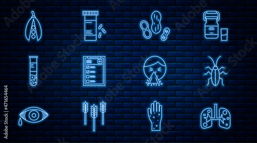 Set line Lungs, Cockroach, Peanut, Clinical record, Test tube and flask, Kidney beans, Handkerchief to his runny nose and Medicine bottle pills icon. Vector