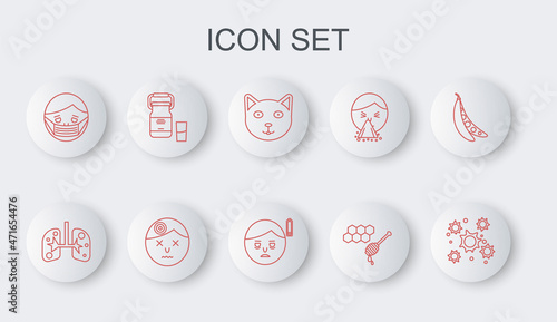 Set line Bacteria, Lungs, Pet, Honeycomb with honey dipper, Face in protective mask, Can container for milk, Man having headache and Fatigue icon. Vector