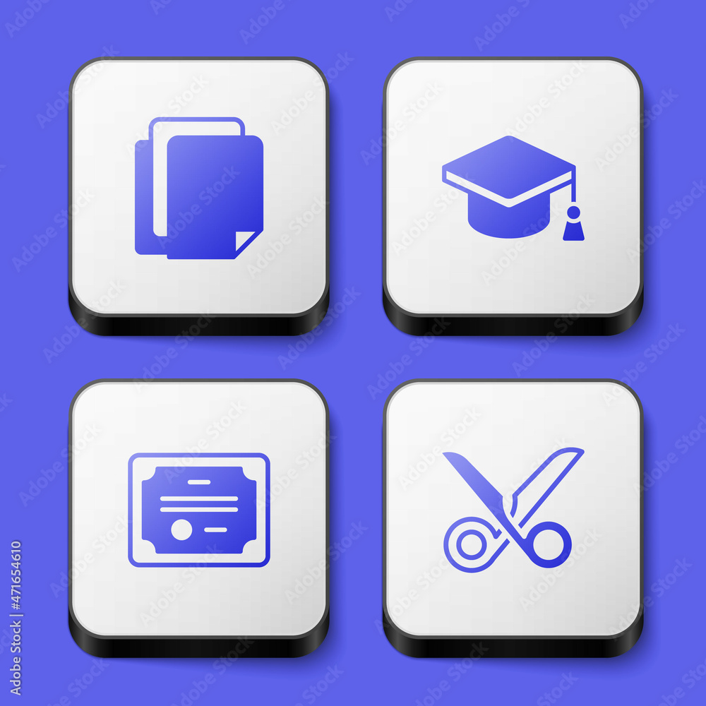 Set File document, Graduation cap, Certificate template and Scissors icon. White square button. Vector