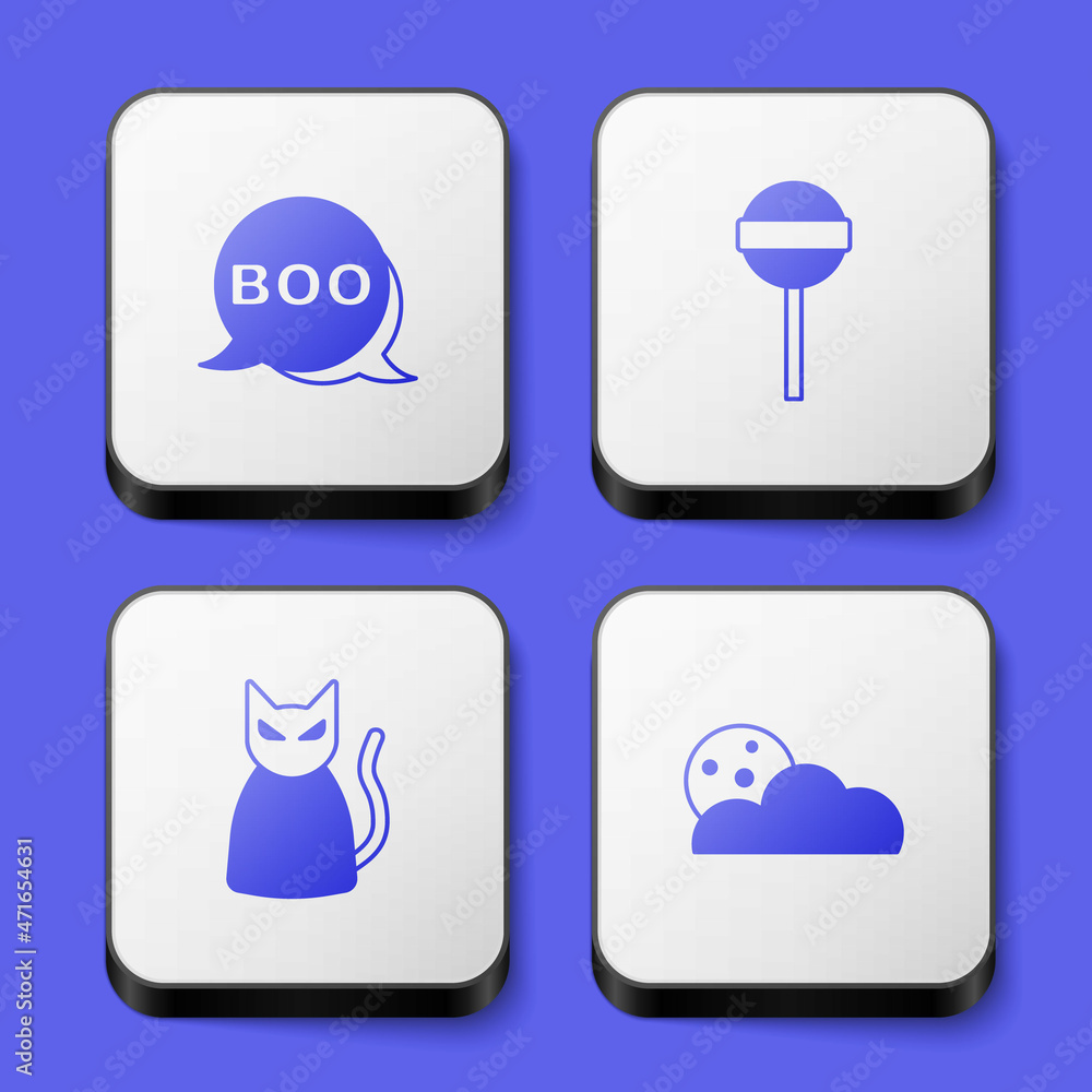Set Boo speech bubble, Lollipop, Black cat and Moon and stars icon. White square button. Vector Set Boo speech bubble, Lollipop, Black cat and Moon and stars icon. White square button. Vector