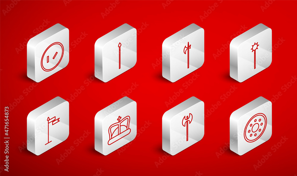 Set line Round wooden shield, Medieval spear, halberd, chained mace ball, axe, King crown and flag icon. Vector Set line Round wooden shield, Medieval spear, halberd, chained mace ball, axe, King crown and flag icon. Vector