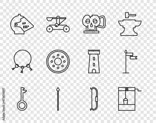 Set line Old key, Well with bucket, Cup from the skull, Medieval spear, iron helmet, Round wooden shield, bow and flag icon. Vector