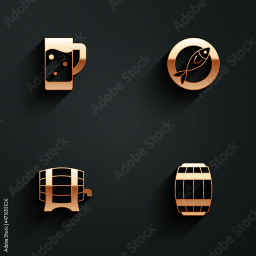 Set Glass of beer, Dried fish, Wooden barrel on rack and icon with long shadow. Vector