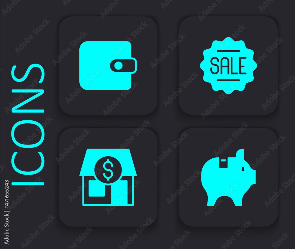 Set Piggy bank, Wallet, Price tag with Sale and Market store icon. Black square button. Vector