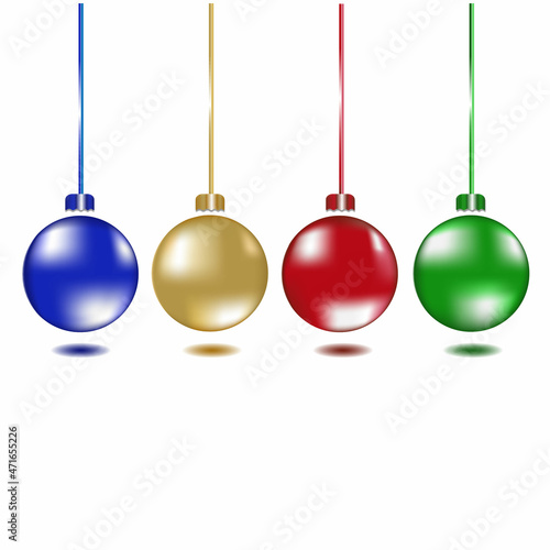set of realistic Christmas and New Year colorful balls on a white background. Red, blue, green, yellow colors. Glass trinket. Hanging glass and shiny balls.