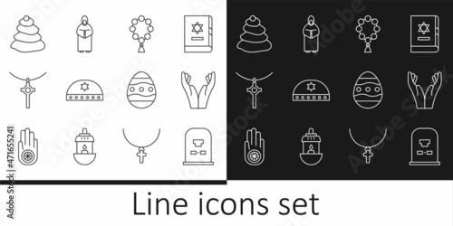 Set line Tombstone with RIP written, Hands in praying position, Rosary beads religion, Jewish kippah star of david, Christian cross chain, Stack hot stones, Easter egg and Monk icon. Vector