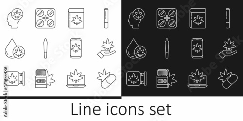 Set line Medical pills with marijuana, Marijuana or cannabis leaf, Book and, joint, olive oil, Head, Mobile and icon. Vector