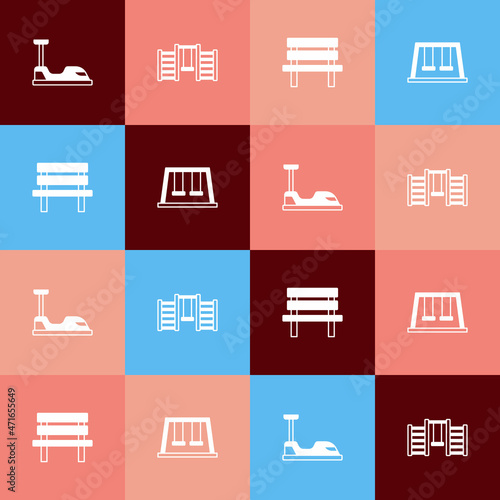 Set pop art Bumper car, Swedish wall, Bench and Swings for kids icon. Vector