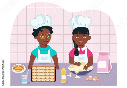 Little African-American children knead dough for dessert. The process takes place in the kitchen, where the little cooks learn how to make flour. The boy and girl are characters in a flat comic style.