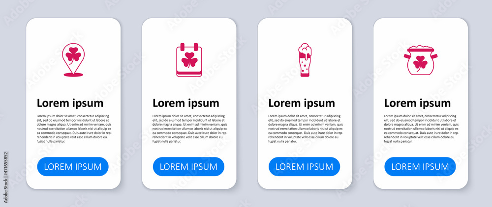 Obraz premium Set Pot of gold coins, Glass beer, Saint Patricks day with calendar and Clover trefoil leaf. Business infographic template. Vector