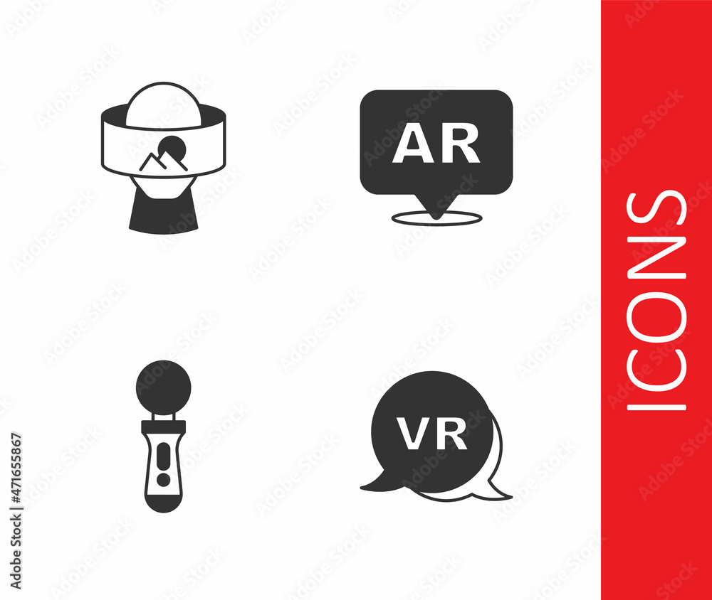 Set Virtual reality, glasses, VR controller game and Augmented AR icon. Vector