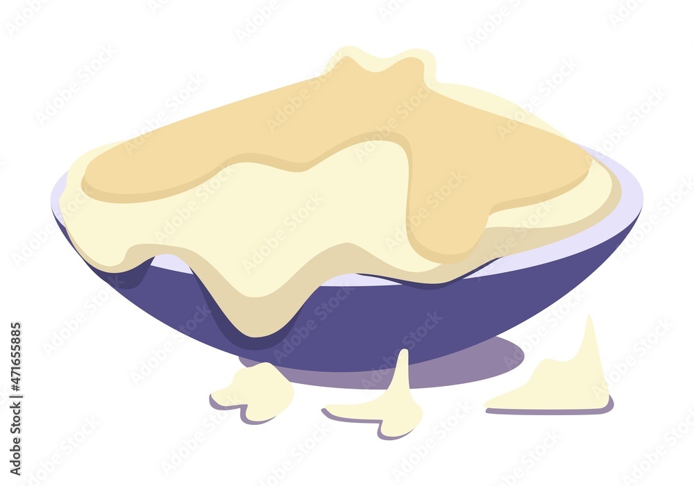 Yeast dough from flour in a bowl. Collage from a series of cooking, cooking, baking, desserts.  Bread product.  Graphics. Vector. Flat style cartoon drawing.