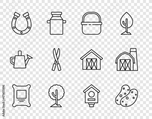 Set line Fertilizer bag, Potato, Basket, Tree, Horseshoe, Gardening handmade scissors, Bird house and Farm icon. Vector